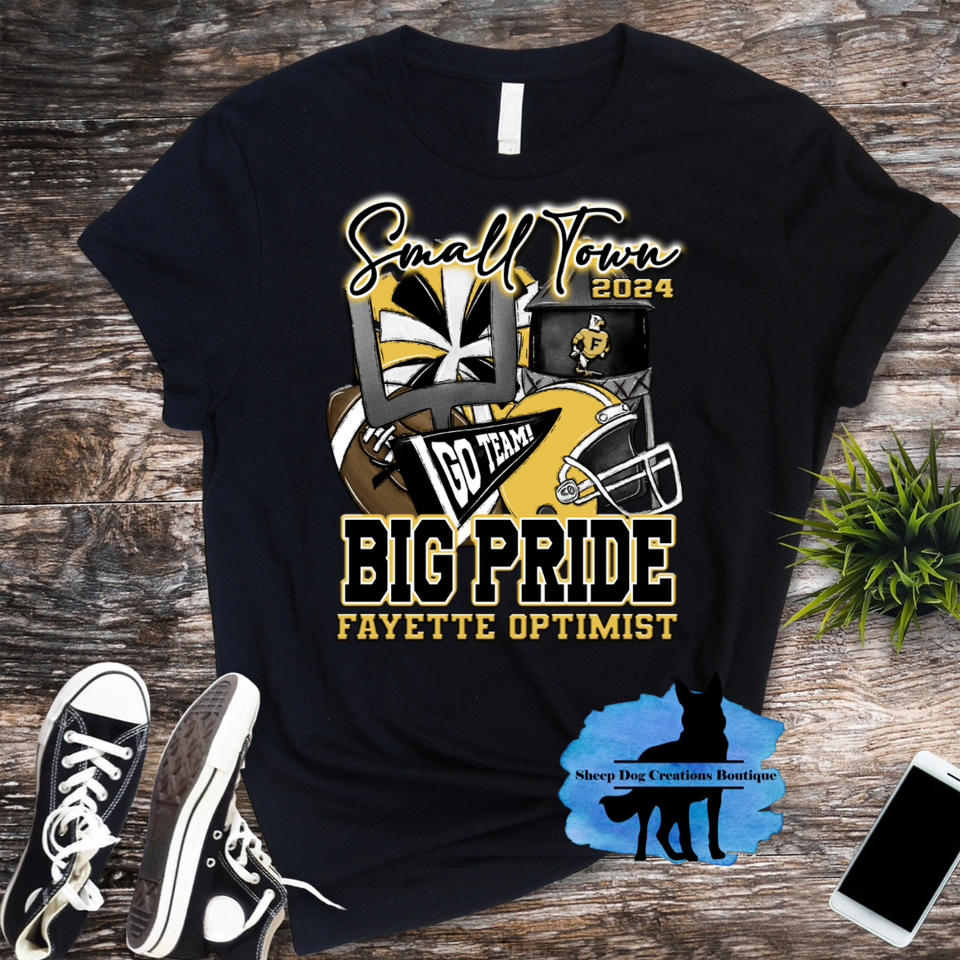 Youth Optimist sports small town big pride 2024Youth  (cheer and football) Gildan Tee