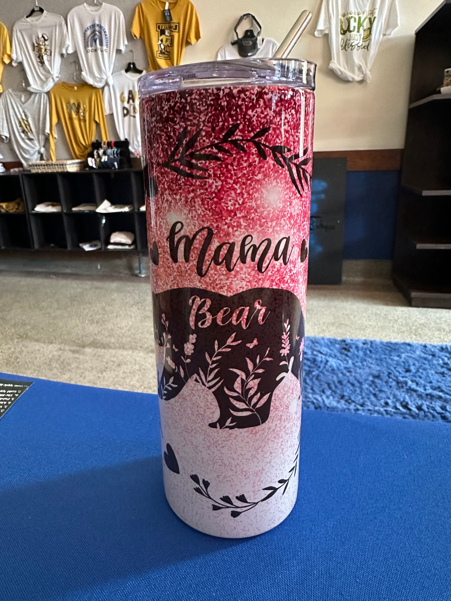 Mama bear pink glitter tumbler